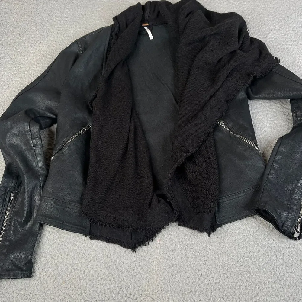 FREE PEOPLE Denim Jacket Women 4 Black Open Knit Front Zip Pocket Cuf Biker Moto - Picture 6 of 12